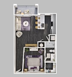 A top-down view of a small apartment layout with a living room, kitchen, and bathroom.