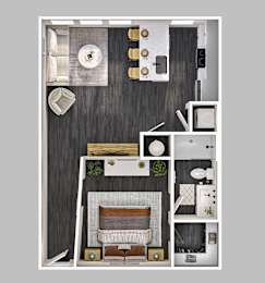 A top-down view of a small apartment with a bed, a couch, a table, and a kitchenette.