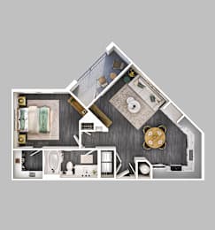 A cutaway view of a house showing the layout of the rooms.