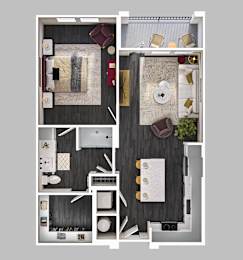 A top-down view of a small apartment with a living room, kitchen, and bathroom.