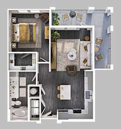 A top-down view of a modern apartment layout with a kitchen, living room, and bathroom.
