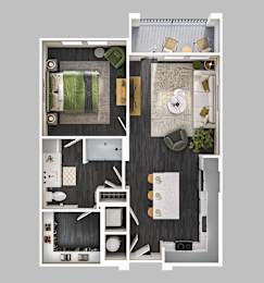 A top-down view of a modern apartment layout with a living room, kitchen, dining area, and bedroom.
