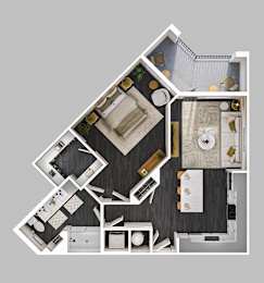 A top-down view of a house layout with a kitchen, living room, and bathroom.