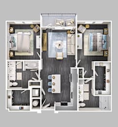 A top-down view of a small apartment layout with a kitchen, living room, and bathroom.