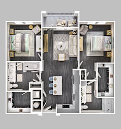 A top-down view of a modern, well-organized bathroom with a large mirror and a separate shower area.