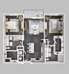 A top-down view of a modern apartment layout with a kitchen, living room, and bedrooms.