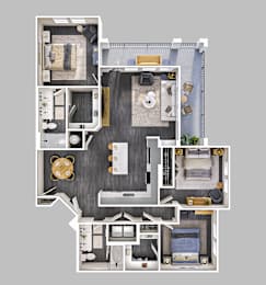 A top-down view of a house layout with multiple rooms and furniture.