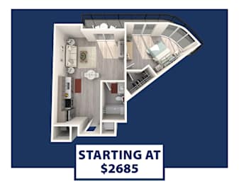 A floor plan of a boat with the text "STARTING AT $2685" on it.