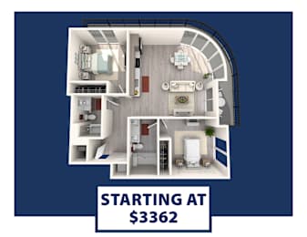 A floor plan of a small apartment with a kitchen, living room, and bathroom.