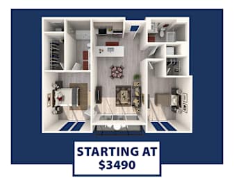 A 3D floor plan of an apartment starting at $3490.