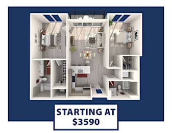 A 3D rendered image of a small apartment layout with the text "STARTING AT $3590" displayed.