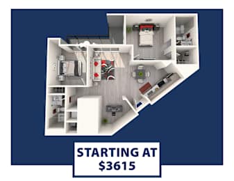 A 3D floor plan of an apartment with the text "STARTING AT $3615" displayed.