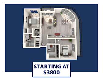 A dollar amount is displayed on a blue background above a floor plan of a house.
