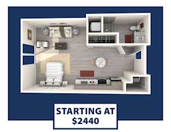 A 3D floor plan of an apartment with the text "STARTING AT $2440" displayed.