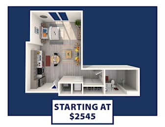 A dollhouse living room with the text "STARTING AT $2545" on a blue background.