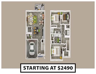 A floor plan of an apartment with a kitchen, living room, and bathroom, starting at $2490.