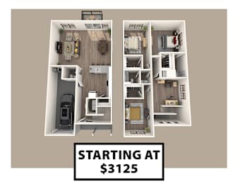 A graphic shows a floor plan of an apartment with a kitchen, living room, and bedrooms.