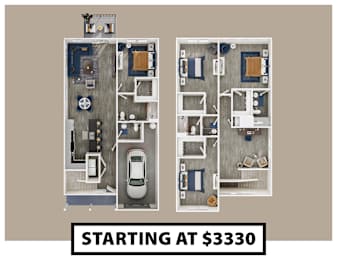 A floor plan of an apartment with a car parked in the garage and a price tag of $3330.
