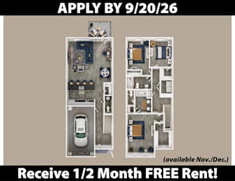 Apartment floor plan with a car parking space and a free rent offer.