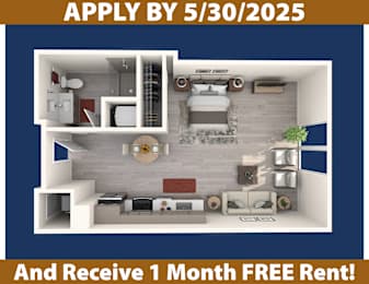 A poster advertising an apartment with a deadline of May 30, 2025 and a free one month rent offer.