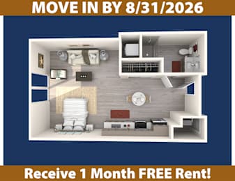 A promotional image for a move-in by August 31, 2026, offering a free one-month rent.