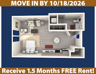 A promotional image for a move-in by October 18, 2026, offering a free one-month rent.