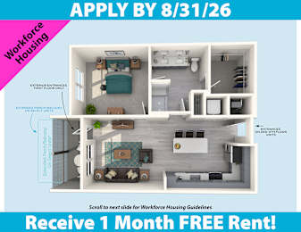 A flyer advertising a free month's rent for workforce housing, with a deadline to apply by August 31, 2026.