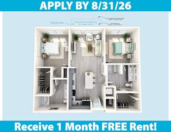 A poster advertising a 1 month free rent offer for a small apartment with a deadline to apply by 8/31/26.