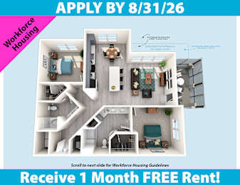 A poster advertising a free month's rent for workforce housing, with a deadline to apply by August 31, 2026.