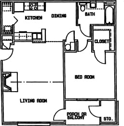  Floor Plan Large 1 Bed - 1 Bath (Available with Cathedral Ceilings and Fireplace)