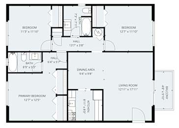 A black and white image of a floor plan for a home with a living room, dining area, kitchen, and three bedrooms at Serenity Place Central, Tallahassee, FL, 32304