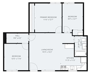 A floor plan of a house with a living room, kitchen, two bedrooms, and a hallway.