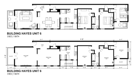 A floor plan of Building Hayes Unit 6, showing a 3 bedroom layout with 1 bathroom. at Shipyard Shores Apartments, Newport News