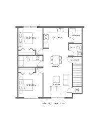 A floor plan of a small apartment with two bedrooms, a living room, a kitchen, a bathroom, a laundry area, and a closet.