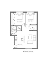 A floor plan of a two bedroom apartment with a living room, kitchen and laundry room.