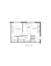 A floor plan of a small apartment with a bedroom, living room, kitchen, bathroom, and closet.