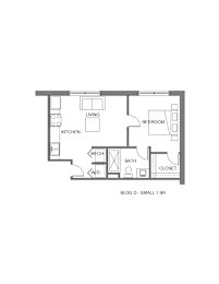 A floor plan of a small 1 bedroom apartment.