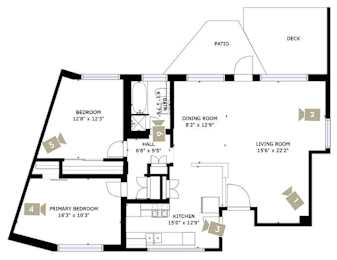 A floor plan of a house with a living room, dining room, kitchen, and several bedrooms.