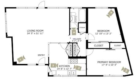 A floor plan of a home with a living room, two bedrooms, a kitchen, and a storage area.