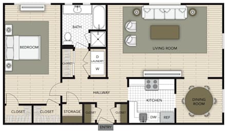A floor plan of a house with a bedroom, living room, kitchen, dining room, and closets.