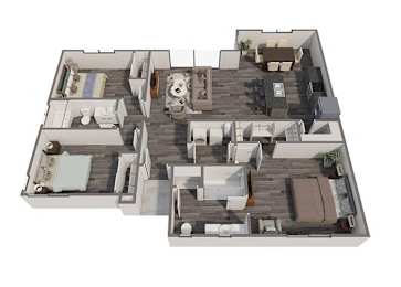 a 3d floor plan of a townhouse with a bedroom and a living room
