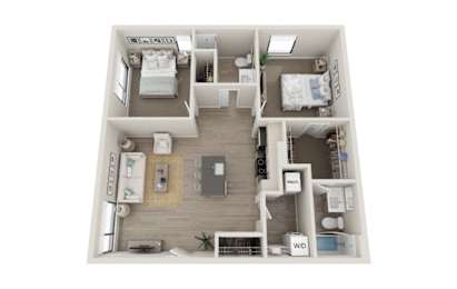 A top-down view of a small apartment with two bedrooms, a living area, and a kitchen.