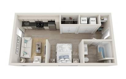 A top-down view of a small apartment layout with labeled rooms.