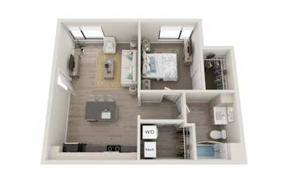 A floor plan of a small apartment with a kitchen, living room, and bedrooms.
