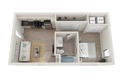 A top-down view of a small apartment with a kitchen, living room, and bathroom.