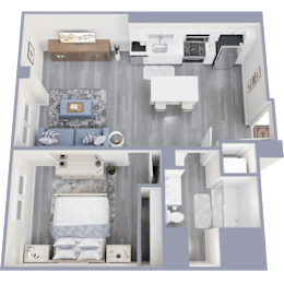 A top-down view of a modern bedroom with a bed, nightstand, and a wall-mounted TV.
