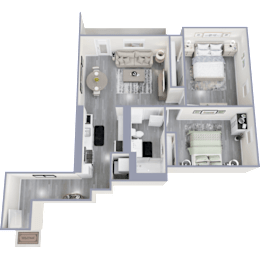 A well-furnished apartment layout with a bedroom, living room, kitchen, and bathroom.