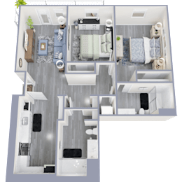 A 3D floor plan of a house with a living room, kitchen, dining room, and bedrooms.