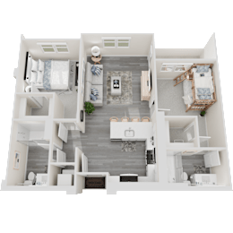 A top-down view of a modern, white-walled house with a central living area and multiple bedrooms.