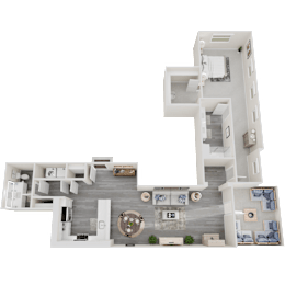 A 3D rendered image of a modern house layout.